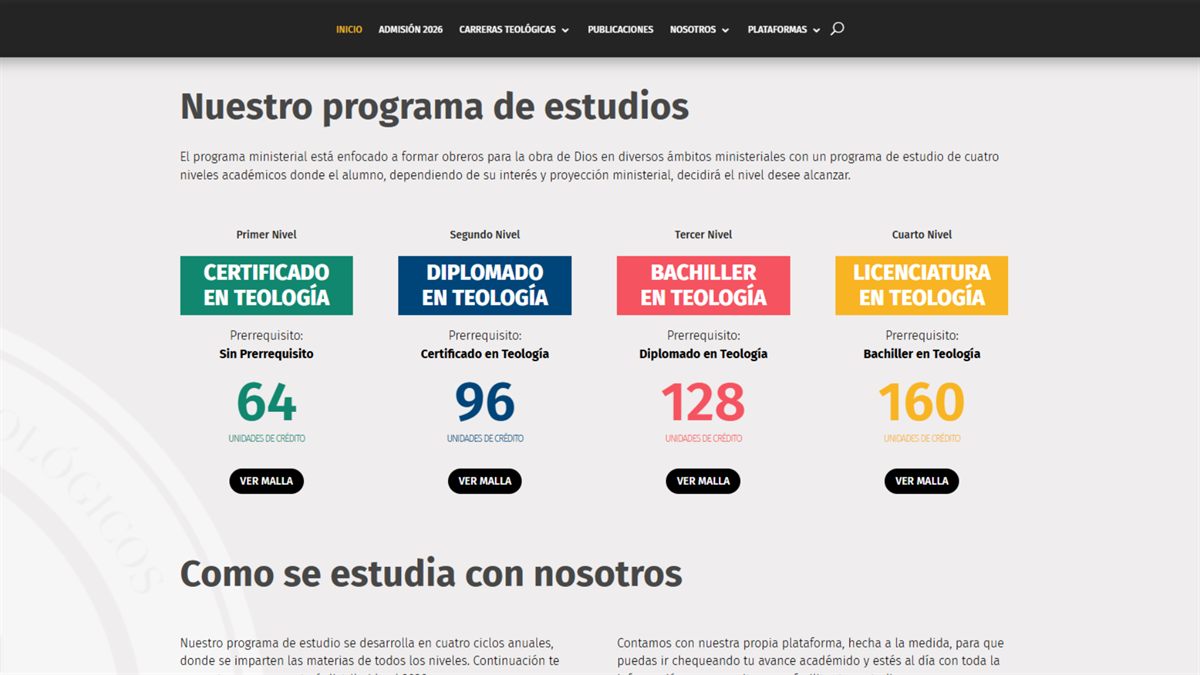 Página de inicio de nuestrocet.cl con su programa de estudios