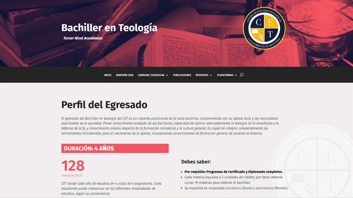 Página del Bachiller en Teología en nuestrocet.cl, con el perfil del egresado